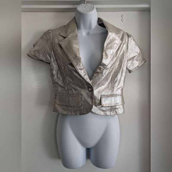 Phosphorus silver leather cropped jacket with cold shoulder accents - Picture 1 of 6